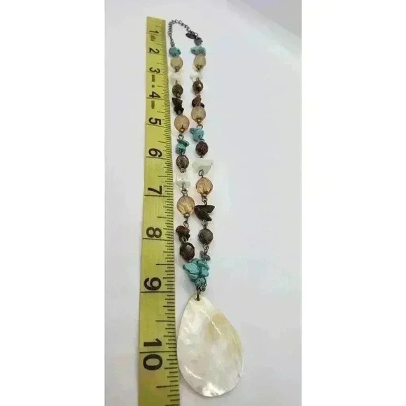 Necklace Multi Gemstone Mother Of Pearl Pendant Turquoise Tigers Eye Quartz - Picture 2 of 5